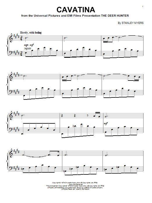 Preview Stanley Myers Cavatina (from The Deer Hunter) Classical sheet music, notes and chords for Piano, SKU: 18120 sheet music, piano notes, chords, guitar tabs, score, transpose, transcribe, how to play, guide, download, learn, tutorial, progression, song, artist, awards, billboard, mtv, vh1, tour, single, album, release