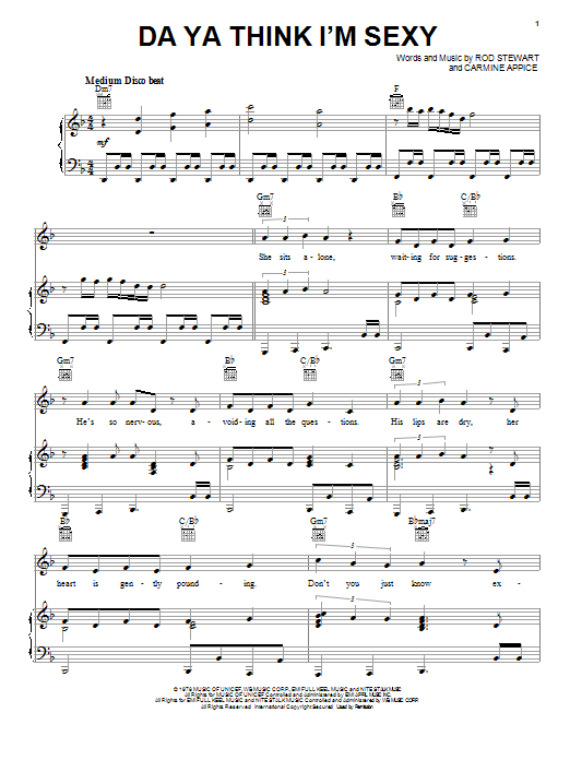 Preview Rod Stewart Da Ya Think I'm Sexy Rock sheet music, notes and chords for Piano, Vocal & Guitar (Right-Hand Melody), SKU: 18121 sheet music, piano notes, chords, guitar tabs, score, transpose, transcribe, how to play, guide, download, learn, tutorial, progression, song, artist, awards, billboard, mtv, vh1, tour, single, album, release