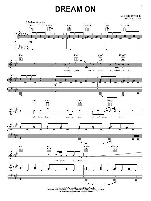 Preview Aerosmith Dream On Pop sheet music, notes and chords for Piano, Vocal & Guitar (Right-Hand Melody), SKU: 18122 sheet music, piano notes, chords, guitar tabs, score, transpose, transcribe, how to play, guide, download, learn, tutorial, progression, song, artist, awards, billboard, mtv, vh1, tour, single, album, release
