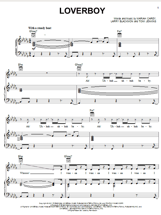 Preview Mariah Carey Loverboy Pop sheet music, notes and chords for Piano, Vocal & Guitar (Right-Hand Melody), SKU: 18125 sheet music, piano notes, chords, guitar tabs, score, transpose, transcribe, how to play, guide, download, learn, tutorial, progression, song, artist, awards, billboard, mtv, vh1, tour, single, album, release