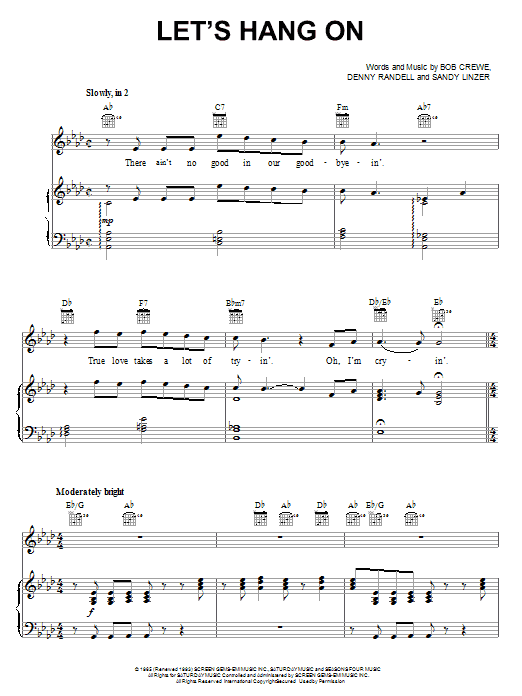 Preview The Manhattan Transfer Let's Hang On Musicals sheet music, notes and chords for Piano, Vocal & Guitar (Right-Hand Melody), SKU: 18128 sheet music, piano notes, chords, guitar tabs, score, transpose, transcribe, how to play, guide, download, learn, tutorial, progression, song, artist, awards, billboard, mtv, vh1, tour, single, album, release