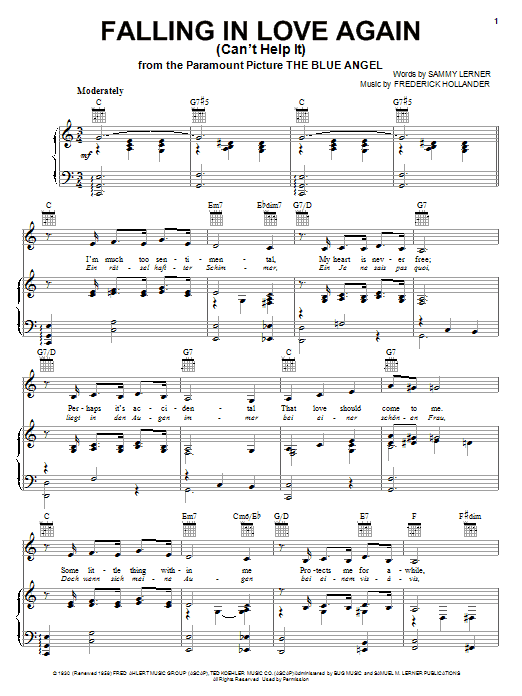 Preview Linda Ronstadt Falling In Love Again (Can't Help It) Pop sheet music, notes and chords for Piano, Vocal & Guitar (Right-Hand Melody), SKU: 18131 sheet music, piano notes, chords, guitar tabs, score, transpose, transcribe, how to play, guide, download, learn, tutorial, progression, song, artist, awards, billboard, mtv, vh1, tour, single, album, release