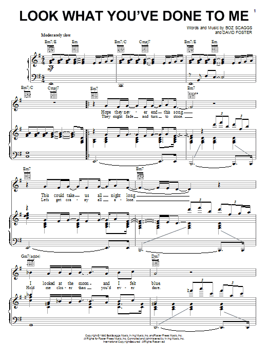 Preview Boz Scaggs Look What You've Done To Me Rock sheet music, notes and chords for Piano, Vocal & Guitar (Right-Hand Melody), SKU: 18132 sheet music, piano notes, chords, guitar tabs, score, transpose, transcribe, how to play, guide, download, learn, tutorial, progression, song, artist, awards, billboard, mtv, vh1, tour, single, album, release