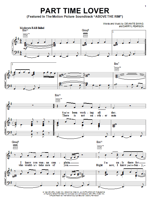 Preview H-Town Part Time Lover (from Above The Rim) Film and TV sheet music, notes and chords for Piano, Vocal & Guitar (Right-Hand Melody), SKU: 18134 sheet music, piano notes, chords, guitar tabs, score, transpose, transcribe, how to play, guide, download, learn, tutorial, progression, song, artist, awards, billboard, mtv, vh1, tour, single, album, release