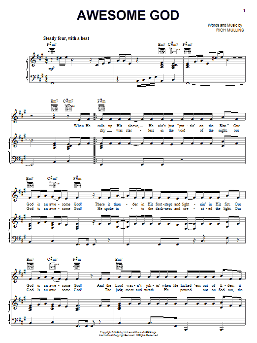 Preview Rich Mullins Awesome God Pop sheet music, notes and chords for Piano, Vocal & Guitar (Right-Hand Melody), SKU: 18135 sheet music, piano notes, chords, guitar tabs, score, transpose, transcribe, how to play, guide, download, learn, tutorial, progression, song, artist, awards, billboard, mtv, vh1, tour, single, album, release