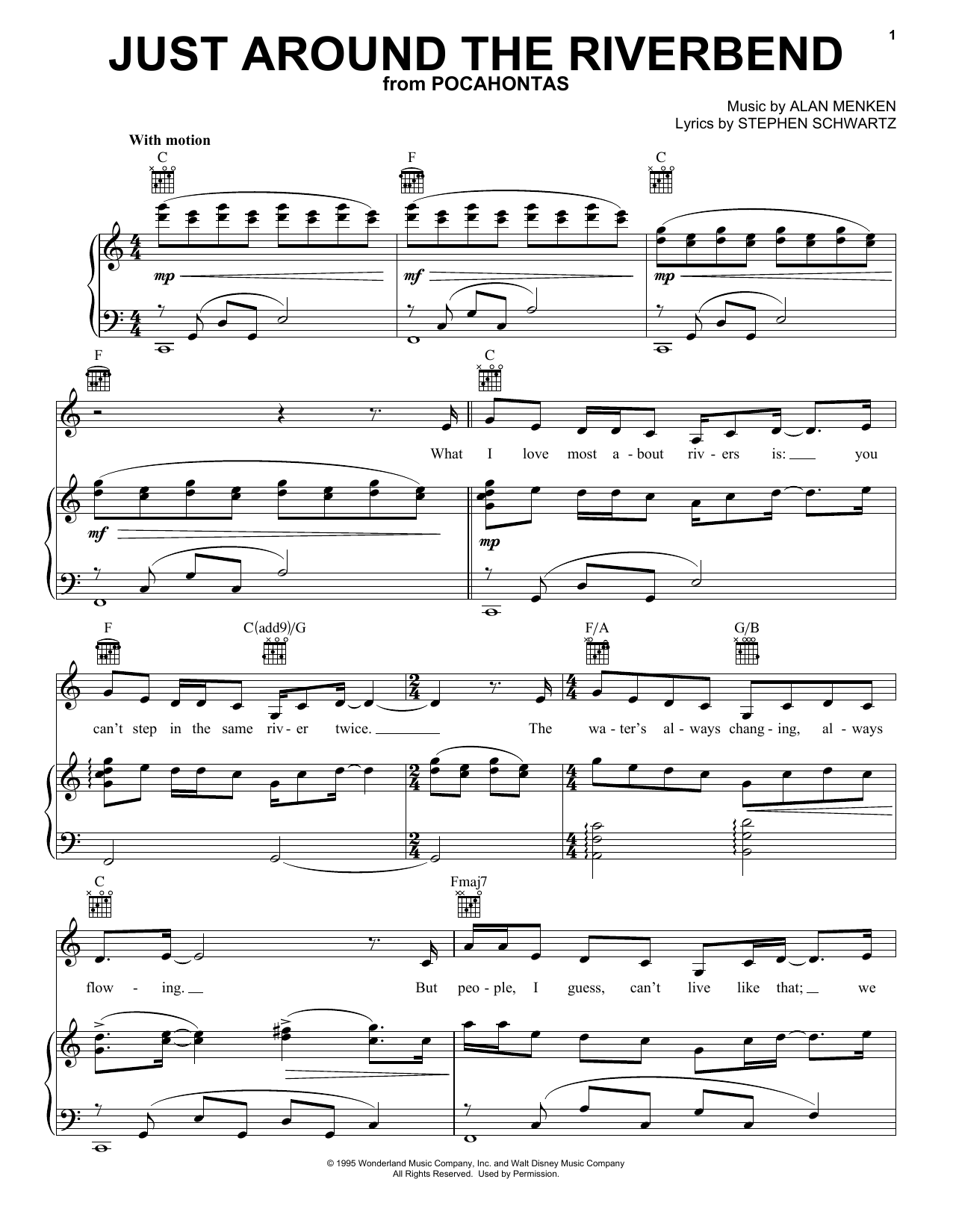 Preview Alan Menken Just Around The Riverbend (from Pocahontas) Children sheet music, notes and chords for Piano, Vocal & Guitar (Right-Hand Melody), SKU: 18139 sheet music, piano notes, chords, guitar tabs, score, transpose, transcribe, how to play, guide, download, learn, tutorial, progression, song, artist, awards, billboard, mtv, vh1, tour, single, album, release