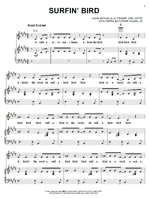 Preview The Trashmen Surfin' Bird Jazz sheet music, notes and chords for Piano, Vocal & Guitar (Right-Hand Melody), SKU: 18140 sheet music, piano notes, chords, guitar tabs, score, transpose, transcribe, how to play, guide, download, learn, tutorial, progression, song, artist, awards, billboard, mtv, vh1, tour, single, album, release
