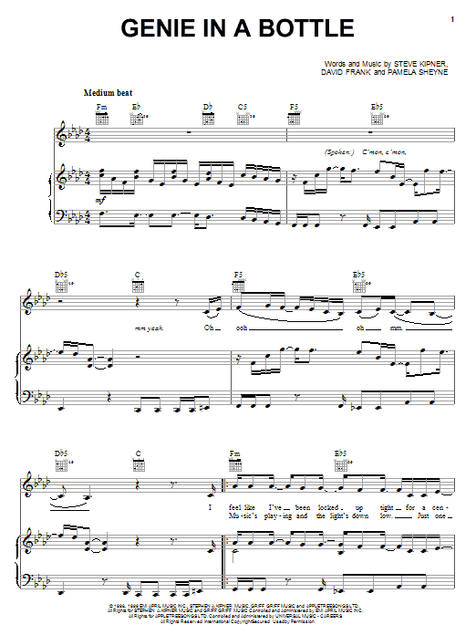 Preview Christina Aguilera Genie In A Bottle Pop sheet music, notes and chords for Piano, Vocal & Guitar (Right-Hand Melody), SKU: 18144 sheet music, piano notes, chords, guitar tabs, score, transpose, transcribe, how to play, guide, download, learn, tutorial, progression, song, artist, awards, billboard, mtv, vh1, tour, single, album, release