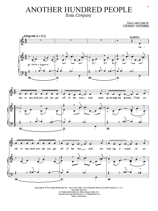 Preview Stephen Sondheim Another Hundred People Broadway sheet music, notes and chords for Piano, Vocal & Guitar (Right-Hand Melody), SKU: 18147 sheet music, piano notes, chords, guitar tabs, score, transpose, transcribe, how to play, guide, download, learn, tutorial, progression, song, artist, awards, billboard, mtv, vh1, tour, single, album, release