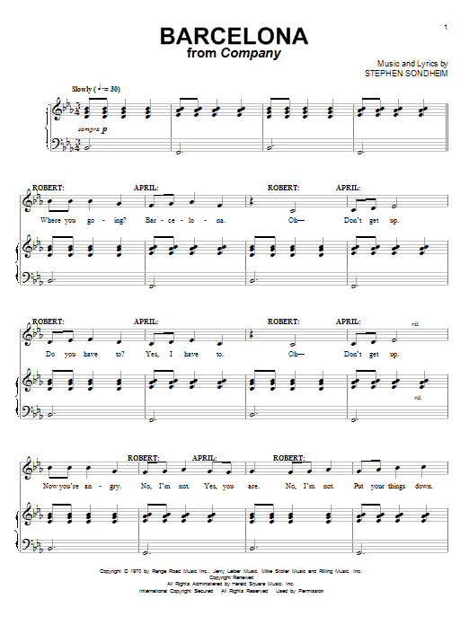 Preview Stephen Sondheim Barcelona Broadway sheet music, notes and chords for Piano, Vocal & Guitar (Right-Hand Melody), SKU: 18149 sheet music, piano notes, chords, guitar tabs, score, transpose, transcribe, how to play, guide, download, learn, tutorial, progression, song, artist, awards, billboard, mtv, vh1, tour, single, album, release