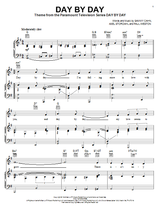 Preview Frank Sinatra Day By Day Pop sheet music, notes and chords for Piano, Vocal & Guitar (Right-Hand Melody), SKU: 18153 sheet music, piano notes, chords, guitar tabs, score, transpose, transcribe, how to play, guide, download, learn, tutorial, progression, song, artist, awards, billboard, mtv, vh1, tour, single, album, release