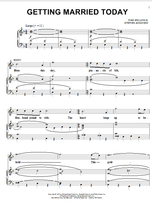 Preview Stephen Sondheim Getting Married Today Broadway sheet music, notes and chords for Piano, Vocal & Guitar (Right-Hand Melody), SKU: 18157 sheet music, piano notes, chords, guitar tabs, score, transpose, transcribe, how to play, guide, download, learn, tutorial, progression, song, artist, awards, billboard, mtv, vh1, tour, single, album, release