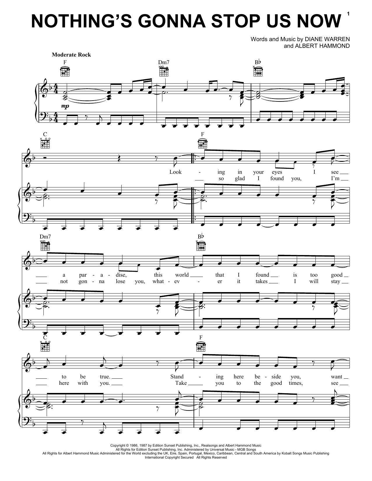 Preview Starship Nothing's Gonna Stop Us Now Rock sheet music, notes and chords for Piano, Vocal & Guitar (Right-Hand Melody), SKU: 18160 sheet music, piano notes, chords, guitar tabs, score, transpose, transcribe, how to play, guide, download, learn, tutorial, progression, song, artist, awards, billboard, mtv, vh1, tour, single, album, release