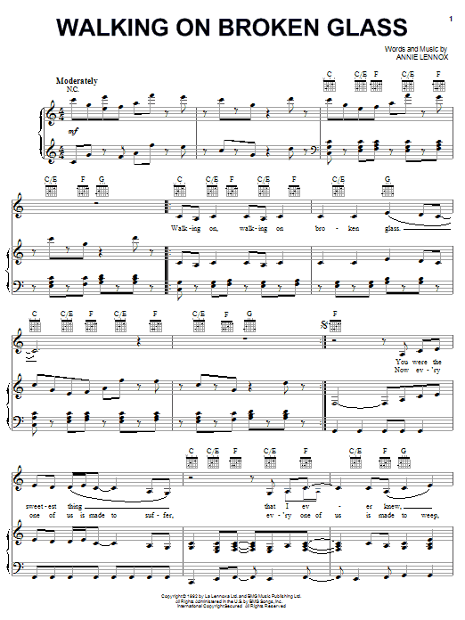 Preview Annie Lennox Walking On Broken Glass Rock sheet music, notes and chords for Piano, Vocal & Guitar (Right-Hand Melody), SKU: 18167 sheet music, piano notes, chords, guitar tabs, score, transpose, transcribe, how to play, guide, download, learn, tutorial, progression, song, artist, awards, billboard, mtv, vh1, tour, single, album, release