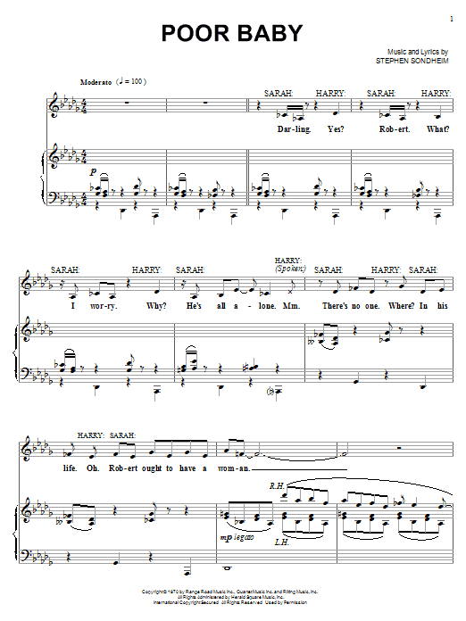 Preview Stephen Sondheim Poor Baby Broadway sheet music, notes and chords for Piano, Vocal & Guitar (Right-Hand Melody), SKU: 18168 sheet music, piano notes, chords, guitar tabs, score, transpose, transcribe, how to play, guide, download, learn, tutorial, progression, song, artist, awards, billboard, mtv, vh1, tour, single, album, release
