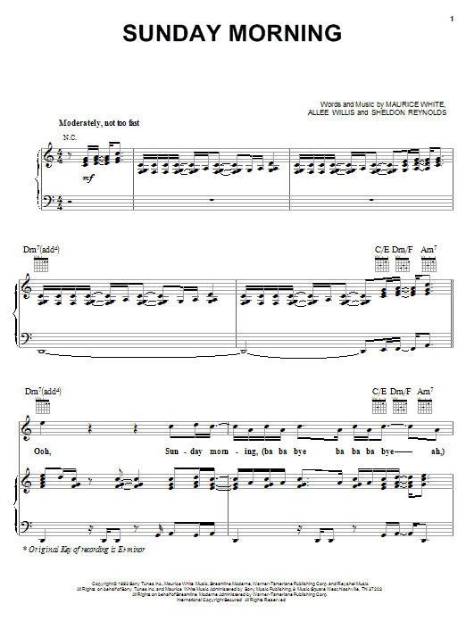 Preview Earth, Wind & Fire Sunday Morning Pop sheet music, notes and chords for Piano, Vocal & Guitar (Right-Hand Melody), SKU: 18169 sheet music, piano notes, chords, guitar tabs, score, transpose, transcribe, how to play, guide, download, learn, tutorial, progression, song, artist, awards, billboard, mtv, vh1, tour, single, album, release