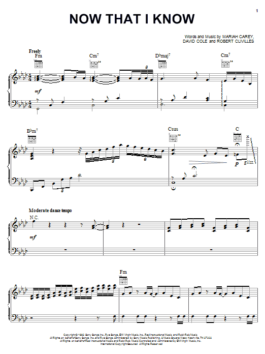 Preview Mariah Carey Now That I Know Pop sheet music, notes and chords for Piano, Vocal & Guitar (Right-Hand Melody), SKU: 18171 sheet music, piano notes, chords, guitar tabs, score, transpose, transcribe, how to play, guide, download, learn, tutorial, progression, song, artist, awards, billboard, mtv, vh1, tour, single, album, release