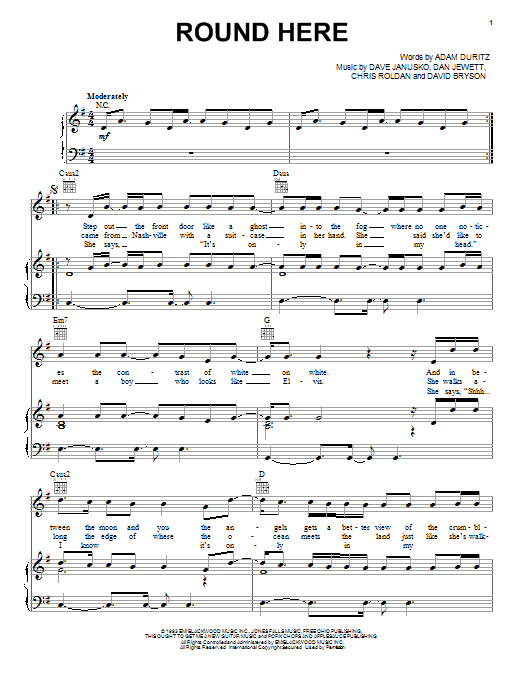 Preview Counting Crows Round Here Rock sheet music, notes and chords for Piano, Vocal & Guitar (Right-Hand Melody), SKU: 18175 sheet music, piano notes, chords, guitar tabs, score, transpose, transcribe, how to play, guide, download, learn, tutorial, progression, song, artist, awards, billboard, mtv, vh1, tour, single, album, release
