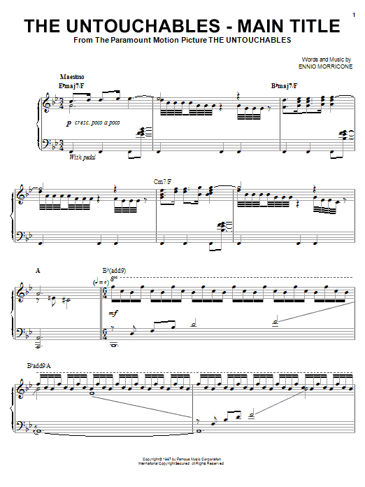 Preview Ennio Morricone The Untouchables - Main Title Film and TV sheet music, notes and chords for Piano, SKU: 18180 sheet music, piano notes, chords, guitar tabs, score, transpose, transcribe, how to play, guide, download, learn, tutorial, progression, song, artist, awards, billboard, mtv, vh1, tour, single, album, release