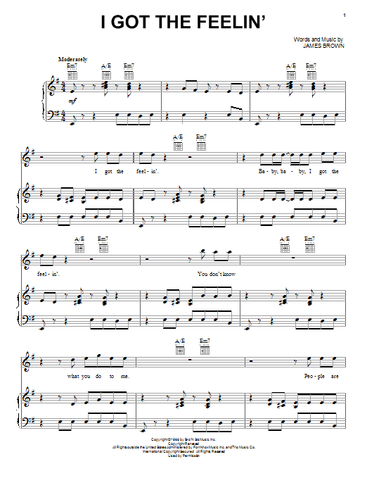 Preview James Brown I Got The Feelin' Rock sheet music, notes and chords for Piano, Vocal & Guitar (Right-Hand Melody), SKU: 18182 sheet music, piano notes, chords, guitar tabs, score, transpose, transcribe, how to play, guide, download, learn, tutorial, progression, song, artist, awards, billboard, mtv, vh1, tour, single, album, release