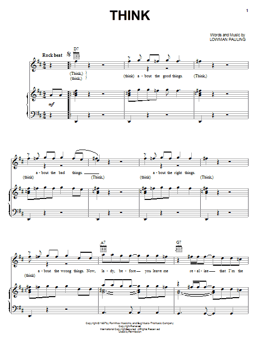 Preview James Brown Think Pop sheet music, notes and chords for Piano, Vocal & Guitar (Right-Hand Melody), SKU: 18183 sheet music, piano notes, chords, guitar tabs, score, transpose, transcribe, how to play, guide, download, learn, tutorial, progression, song, artist, awards, billboard, mtv, vh1, tour, single, album, release