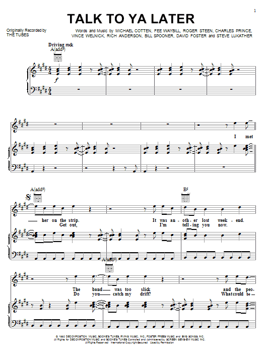 Preview The Tubes Talk To Ya Later Rock sheet music, notes and chords for Piano, Vocal & Guitar (Right-Hand Melody), SKU: 18192 sheet music, piano notes, chords, guitar tabs, score, transpose, transcribe, how to play, guide, download, learn, tutorial, progression, song, artist, awards, billboard, mtv, vh1, tour, single, album, release