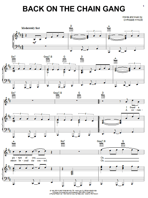 Preview The Pretenders Back On The Chain Gang Pop sheet music, notes and chords for Piano, Vocal & Guitar (Right-Hand Melody), SKU: 18193 sheet music, piano notes, chords, guitar tabs, score, transpose, transcribe, how to play, guide, download, learn, tutorial, progression, song, artist, awards, billboard, mtv, vh1, tour, single, album, release