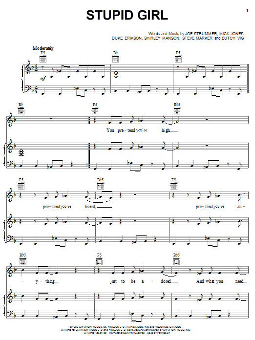 Preview Garbage Stupid Girl Pop sheet music, notes and chords for Piano, Vocal & Guitar (Right-Hand Melody), SKU: 18197 sheet music, piano notes, chords, guitar tabs, score, transpose, transcribe, how to play, guide, download, learn, tutorial, progression, song, artist, awards, billboard, mtv, vh1, tour, single, album, release