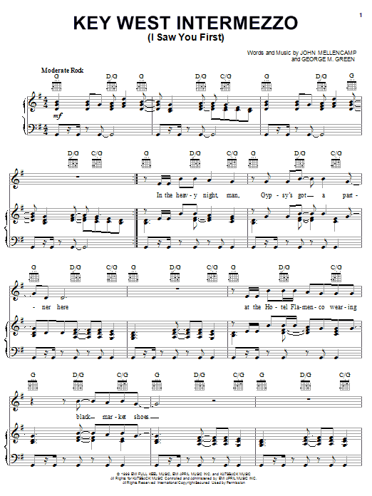 Preview John Mellencamp Key West Intermezzo (I Saw You First) Rock sheet music, notes and chords for Piano, Vocal & Guitar (Right-Hand Melody), SKU: 18198 sheet music, piano notes, chords, guitar tabs, score, transpose, transcribe, how to play, guide, download, learn, tutorial, progression, song, artist, awards, billboard, mtv, vh1, tour, single, album, release