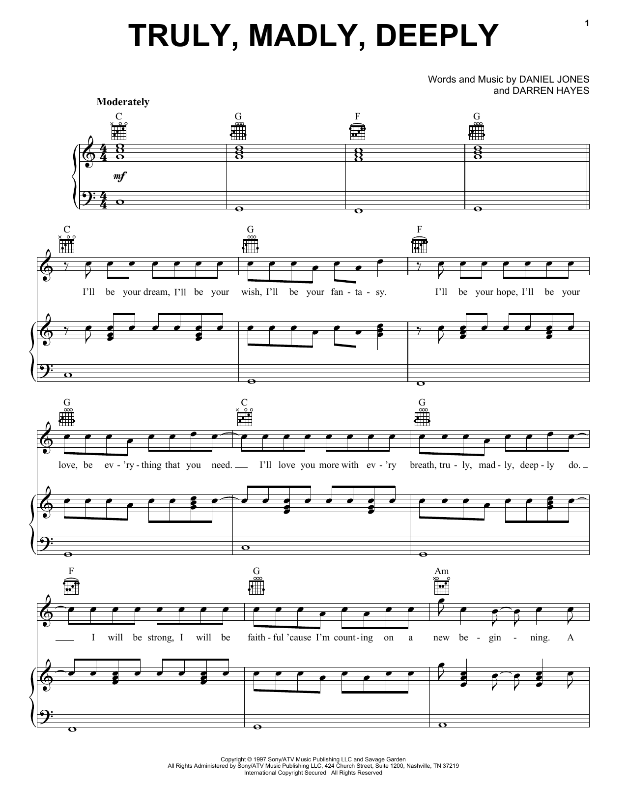 Preview Savage Garden Truly, Madly, Deeply Rock sheet music, notes and chords for Piano, Vocal & Guitar (Right-Hand Melody), SKU: 18205 sheet music, piano notes, chords, guitar tabs, score, transpose, transcribe, how to play, guide, download, learn, tutorial, progression, song, artist, awards, billboard, mtv, vh1, tour, single, album, release
