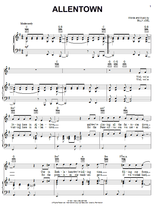 Preview Billy Joel Allentown Rock sheet music, notes and chords for Piano, Vocal & Guitar (Right-Hand Melody), SKU: 18206 sheet music, piano notes, chords, guitar tabs, score, transpose, transcribe, how to play, guide, download, learn, tutorial, progression, song, artist, awards, billboard, mtv, vh1, tour, single, album, release