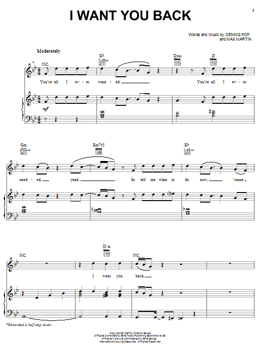 Preview 'N Sync I Want You Back Pop sheet music, notes and chords for Piano, Vocal & Guitar (Right-Hand Melody), SKU: 18208 sheet music, piano notes, chords, guitar tabs, score, transpose, transcribe, how to play, guide, download, learn, tutorial, progression, song, artist, awards, billboard, mtv, vh1, tour, single, album, release