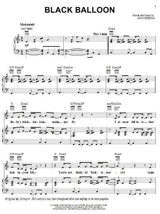 Preview Goo Goo Dolls Black Balloon Rock sheet music, notes and chords for Piano, Vocal & Guitar (Right-Hand Melody), SKU: 18213 sheet music, piano notes, chords, guitar tabs, score, transpose, transcribe, how to play, guide, download, learn, tutorial, progression, song, artist, awards, billboard, mtv, vh1, tour, single, album, release