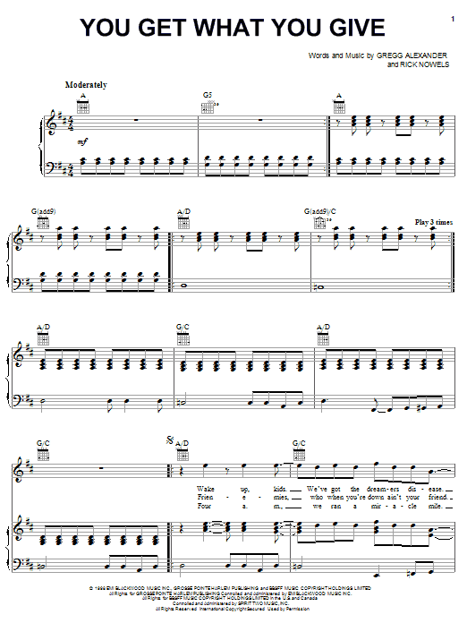 Preview New Radicals You Get What You Give Pop sheet music, notes and chords for Piano, Vocal & Guitar (Right-Hand Melody), SKU: 18215 sheet music, piano notes, chords, guitar tabs, score, transpose, transcribe, how to play, guide, download, learn, tutorial, progression, song, artist, awards, billboard, mtv, vh1, tour, single, album, release