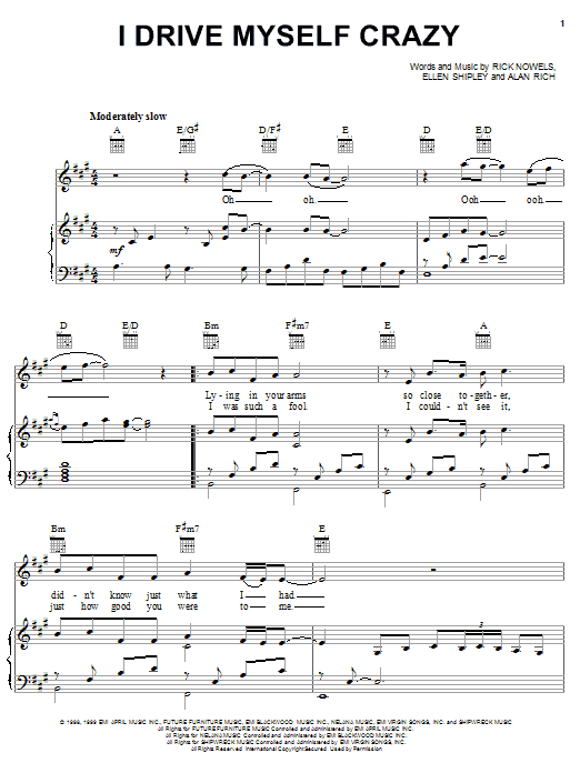 Preview 'N Sync I Drive Myself Crazy Pop sheet music, notes and chords for Piano, Vocal & Guitar (Right-Hand Melody), SKU: 18217 sheet music, piano notes, chords, guitar tabs, score, transpose, transcribe, how to play, guide, download, learn, tutorial, progression, song, artist, awards, billboard, mtv, vh1, tour, single, album, release