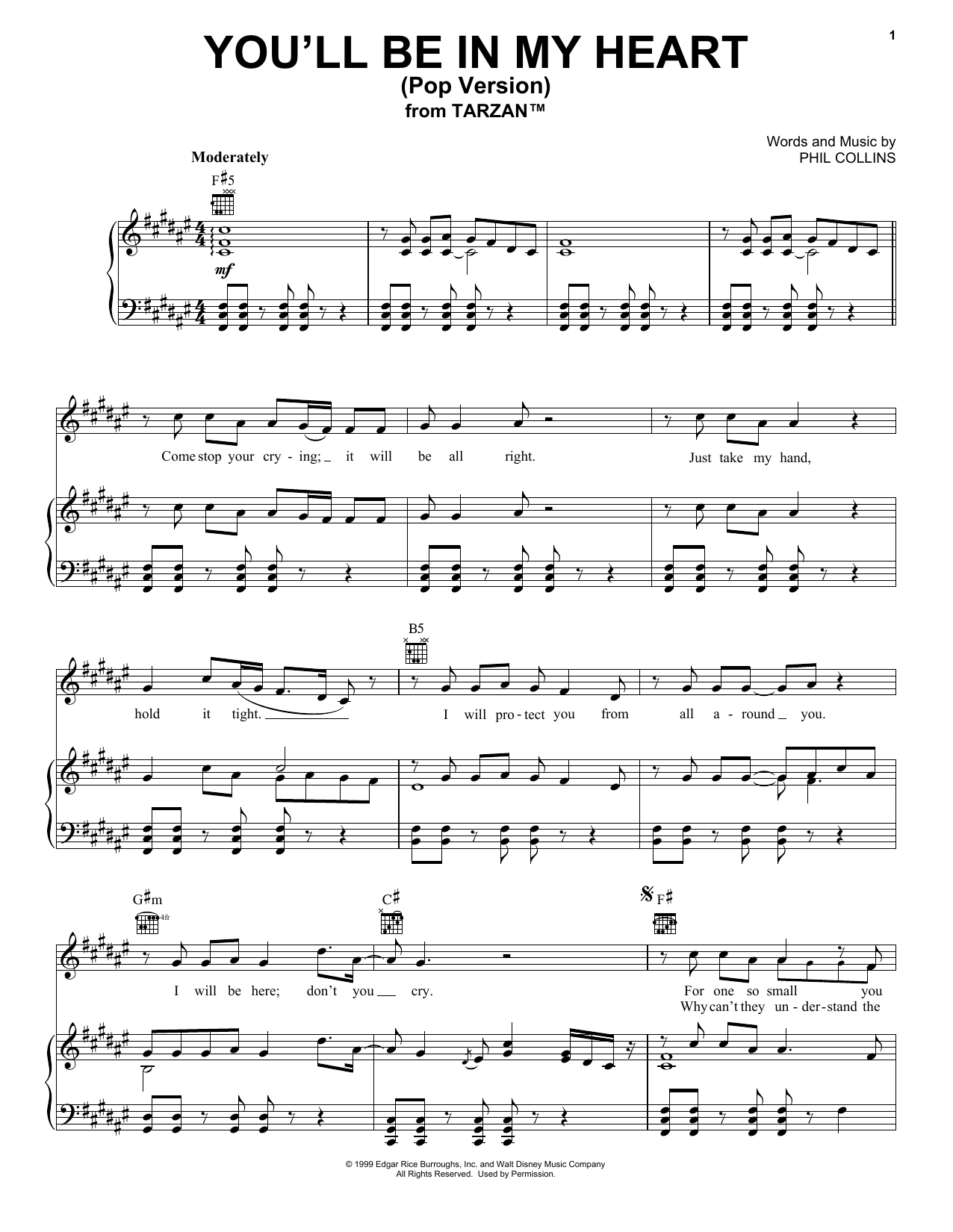 Preview Phil Collins You'll Be In My Heart (Pop Version) Pop sheet music, notes and chords for Piano, Vocal & Guitar (Right-Hand Melody), SKU: 18219 sheet music, piano notes, chords, guitar tabs, score, transpose, transcribe, how to play, guide, download, learn, tutorial, progression, song, artist, awards, billboard, mtv, vh1, tour, single, album, release
