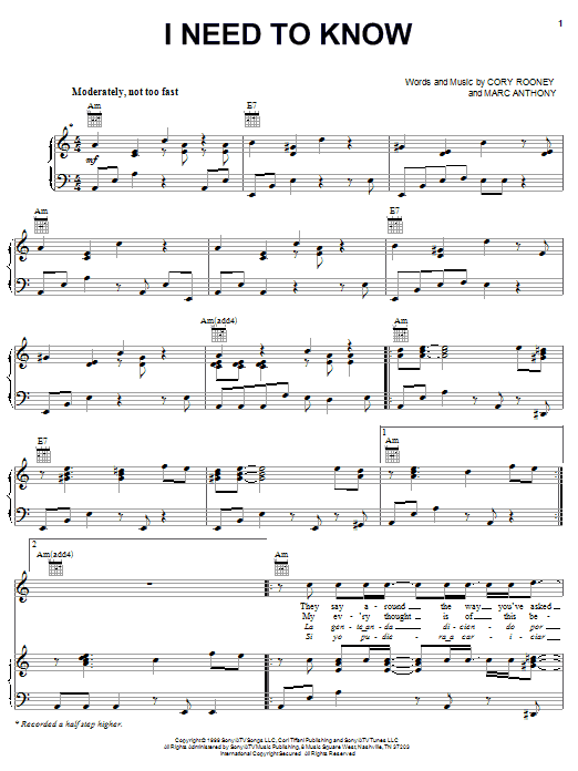 Preview Marc Anthony I Need To Know Pop sheet music, notes and chords for Piano, Vocal & Guitar (Right-Hand Melody), SKU: 18223 sheet music, piano notes, chords, guitar tabs, score, transpose, transcribe, how to play, guide, download, learn, tutorial, progression, song, artist, awards, billboard, mtv, vh1, tour, single, album, release