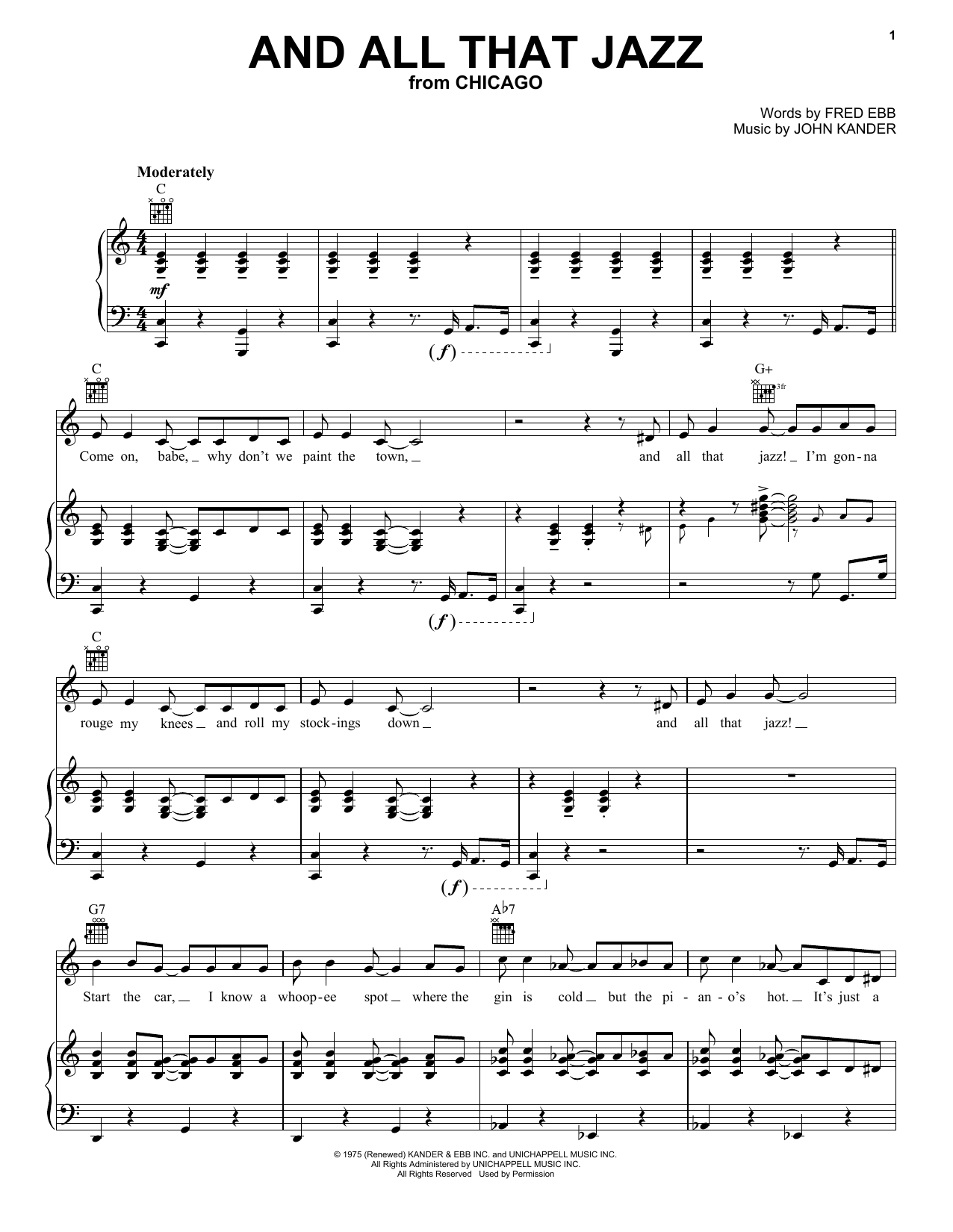 Preview Kander & Ebb And All That Jazz Jazz sheet music, notes and chords for Piano, Vocal & Guitar (Right-Hand Melody), SKU: 18228 sheet music, piano notes, chords, guitar tabs, score, transpose, transcribe, how to play, guide, download, learn, tutorial, progression, song, artist, awards, billboard, mtv, vh1, tour, single, album, release