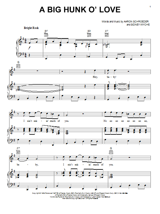 Preview Elvis Presley A Big Hunk O' Love Rock sheet music, notes and chords for Piano, Vocal & Guitar (Right-Hand Melody), SKU: 18242 sheet music, piano notes, chords, guitar tabs, score, transpose, transcribe, how to play, guide, download, learn, tutorial, progression, song, artist, awards, billboard, mtv, vh1, tour, single, album, release