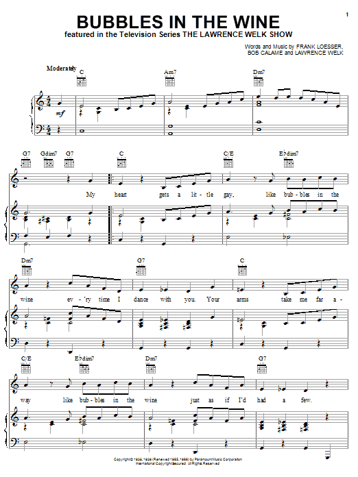 Preview Lawrence Welk Bubbles In The Wine Jazz sheet music, notes and chords for Piano, Vocal & Guitar (Right-Hand Melody), SKU: 18245 sheet music, piano notes, chords, guitar tabs, score, transpose, transcribe, how to play, guide, download, learn, tutorial, progression, song, artist, awards, billboard, mtv, vh1, tour, single, album, release
