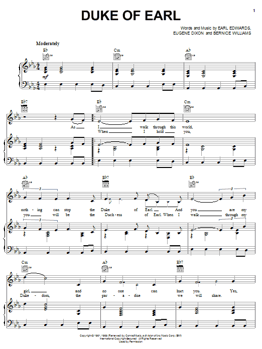 Preview Gene Chandler Duke Of Earl Pop sheet music, notes and chords for Piano, Vocal & Guitar (Right-Hand Melody), SKU: 18253 sheet music, piano notes, chords, guitar tabs, score, transpose, transcribe, how to play, guide, download, learn, tutorial, progression, song, artist, awards, billboard, mtv, vh1, tour, single, album, release