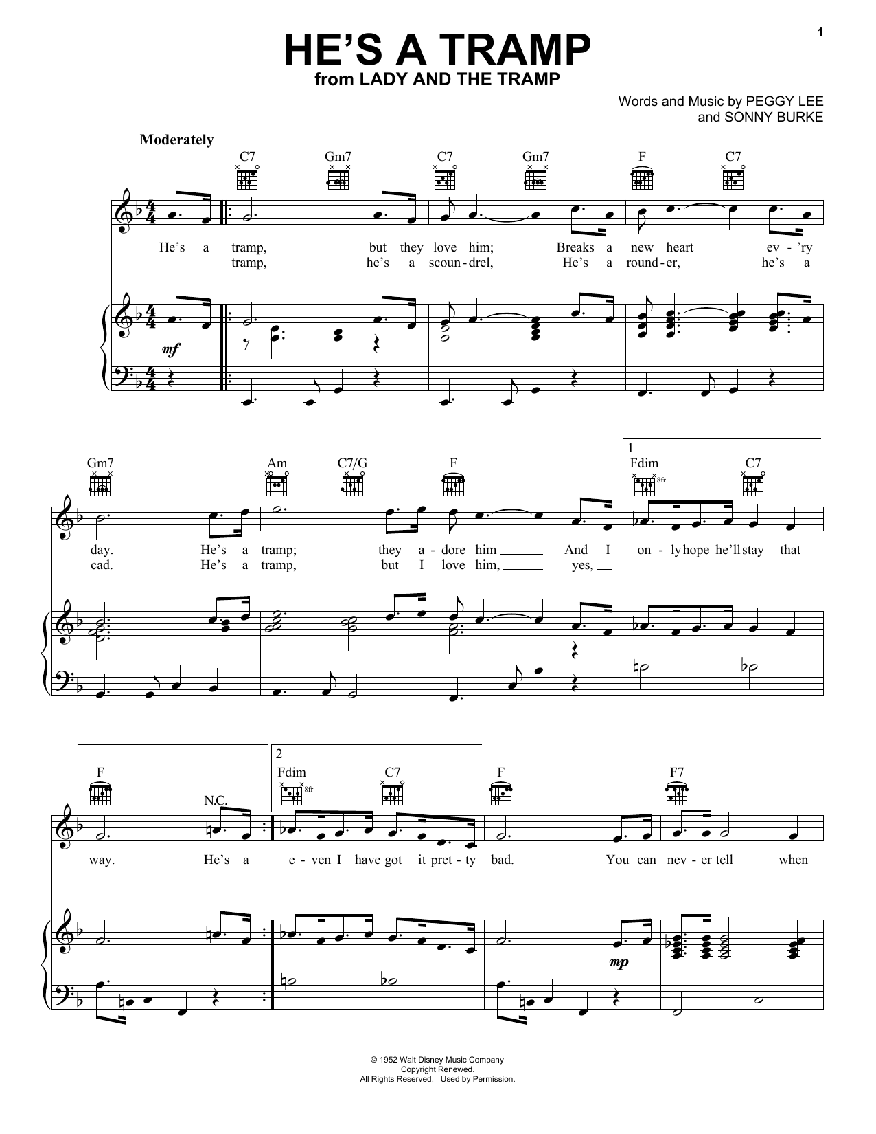 Preview Peggy Lee He's A Tramp Children sheet music, notes and chords for Piano, Vocal & Guitar (Right-Hand Melody), SKU: 18255 sheet music, piano notes, chords, guitar tabs, score, transpose, transcribe, how to play, guide, download, learn, tutorial, progression, song, artist, awards, billboard, mtv, vh1, tour, single, album, release