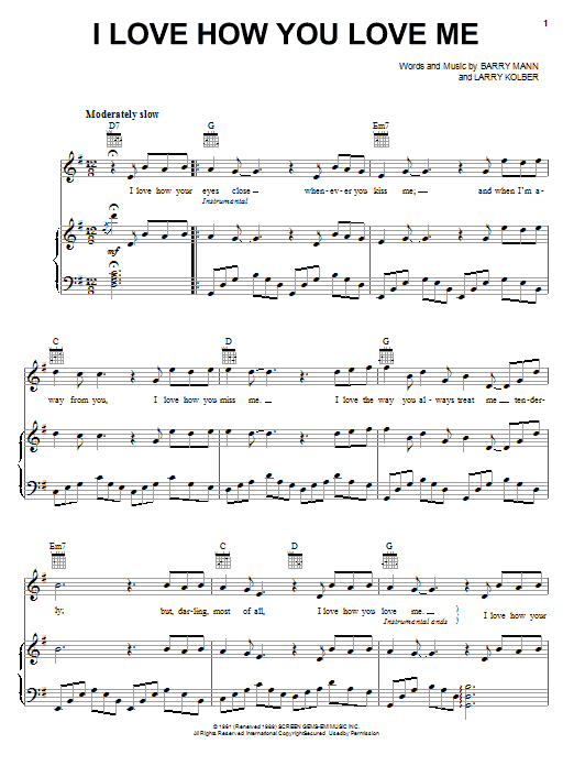 Preview The Paris Sisters I Love How You Love Me Pop sheet music, notes and chords for Piano, Vocal & Guitar (Right-Hand Melody), SKU: 18262 sheet music, piano notes, chords, guitar tabs, score, transpose, transcribe, how to play, guide, download, learn, tutorial, progression, song, artist, awards, billboard, mtv, vh1, tour, single, album, release