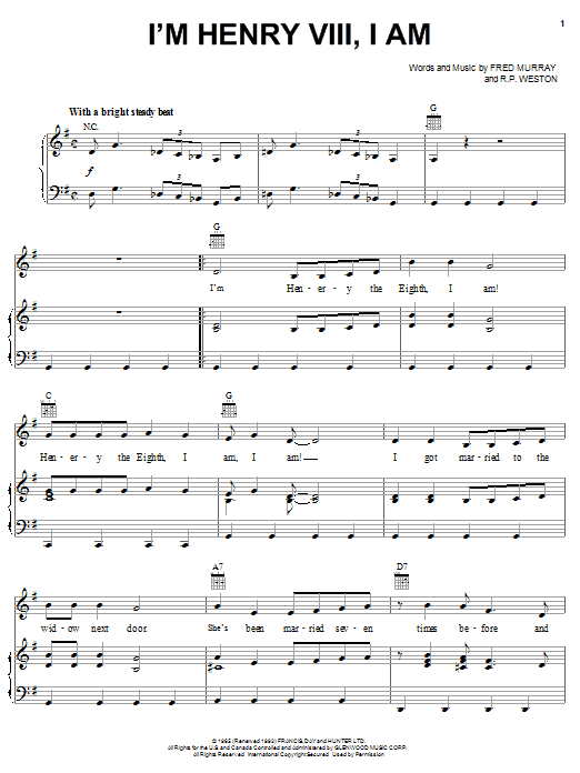 Preview Herman's Hermits I'm Henry VIII, I Am Rock sheet music, notes and chords for Piano, Vocal & Guitar (Right-Hand Melody), SKU: 18266 sheet music, piano notes, chords, guitar tabs, score, transpose, transcribe, how to play, guide, download, learn, tutorial, progression, song, artist, awards, billboard, mtv, vh1, tour, single, album, release