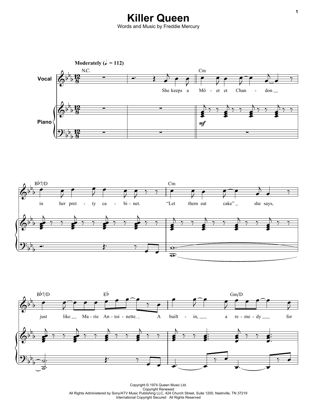 Preview Queen Killer Queen Rock sheet music, notes and chords for Piano, Vocal & Guitar (Right-Hand Melody), SKU: 18273 sheet music, piano notes, chords, guitar tabs, score, transpose, transcribe, how to play, guide, download, learn, tutorial, progression, song, artist, awards, billboard, mtv, vh1, tour, single, album, release