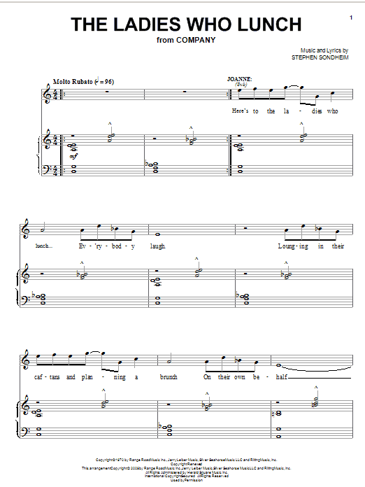 Preview Stephen Sondheim The Ladies Who Lunch Broadway sheet music, notes and chords for Piano, Vocal & Guitar (Right-Hand Melody), SKU: 18275 sheet music, piano notes, chords, guitar tabs, score, transpose, transcribe, how to play, guide, download, learn, tutorial, progression, song, artist, awards, billboard, mtv, vh1, tour, single, album, release