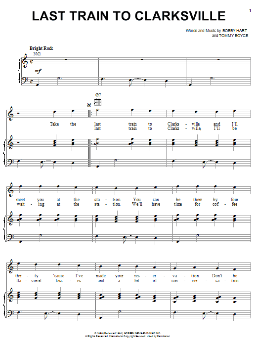 Preview The Monkees Last Train To Clarksville Jazz sheet music, notes and chords for Piano, Vocal & Guitar (Right-Hand Melody), SKU: 18276 sheet music, piano notes, chords, guitar tabs, score, transpose, transcribe, how to play, guide, download, learn, tutorial, progression, song, artist, awards, billboard, mtv, vh1, tour, single, album, release