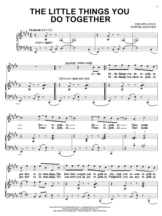 Preview Stephen Sondheim The Little Things You Do Together Broadway sheet music, notes and chords for Piano, Vocal & Guitar (Right-Hand Melody), SKU: 18279 sheet music, piano notes, chords, guitar tabs, score, transpose, transcribe, how to play, guide, download, learn, tutorial, progression, song, artist, awards, billboard, mtv, vh1, tour, single, album, release