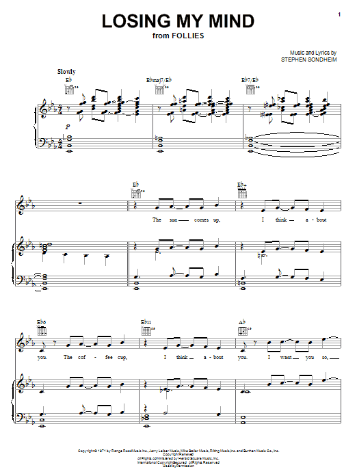 Preview Stephen Sondheim Losing My Mind Broadway sheet music, notes and chords for Piano, Vocal & Guitar (Right-Hand Melody), SKU: 18280 sheet music, piano notes, chords, guitar tabs, score, transpose, transcribe, how to play, guide, download, learn, tutorial, progression, song, artist, awards, billboard, mtv, vh1, tour, single, album, release