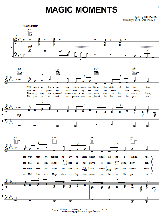 Preview Perry Como Magic Moments Pop sheet music, notes and chords for Piano, Vocal & Guitar (Right-Hand Melody), SKU: 18284 sheet music, piano notes, chords, guitar tabs, score, transpose, transcribe, how to play, guide, download, learn, tutorial, progression, song, artist, awards, billboard, mtv, vh1, tour, single, album, release